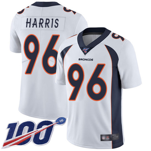 Men Denver Broncos 96 Shelby Harris White Vapor Untouchable Limited Player 100th Season Football NFL Jersey
